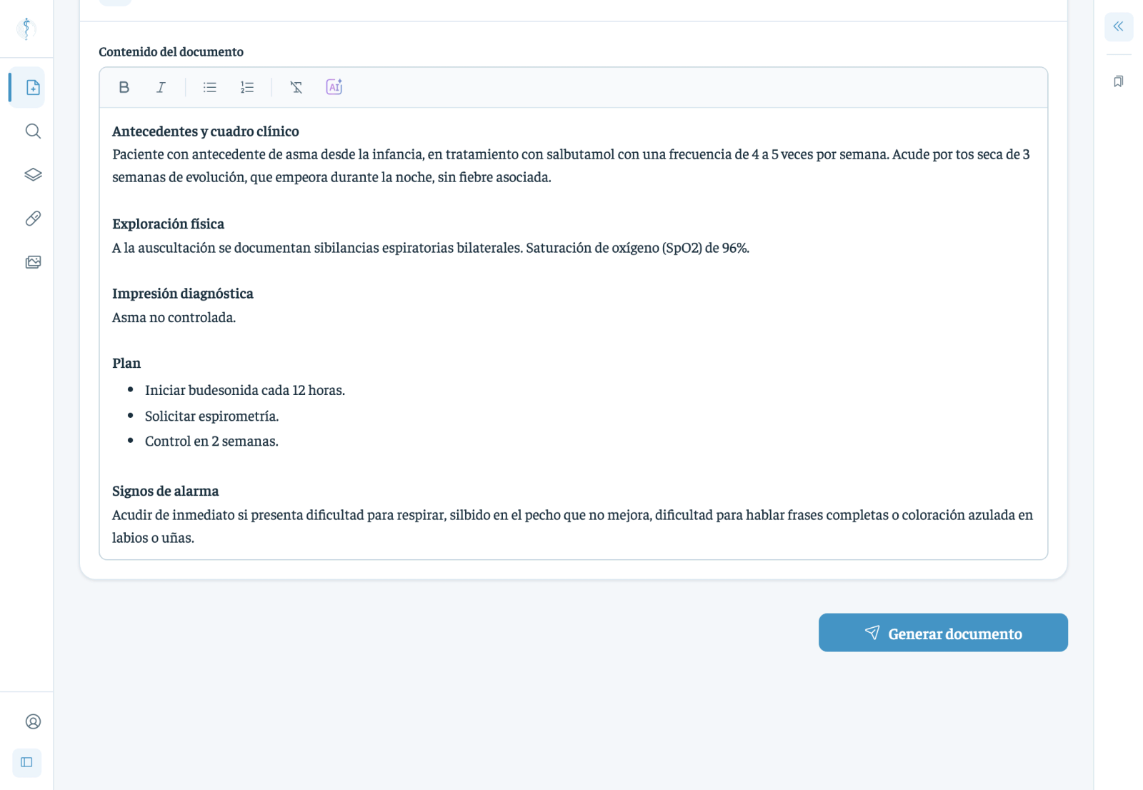 Nota de consulta en Nagamed después de «Mejorar el texto con IA»: tres líneas breves ordenadas en antecedentes, exploración física, impresión diagnóstica, plan y signos de alarma.