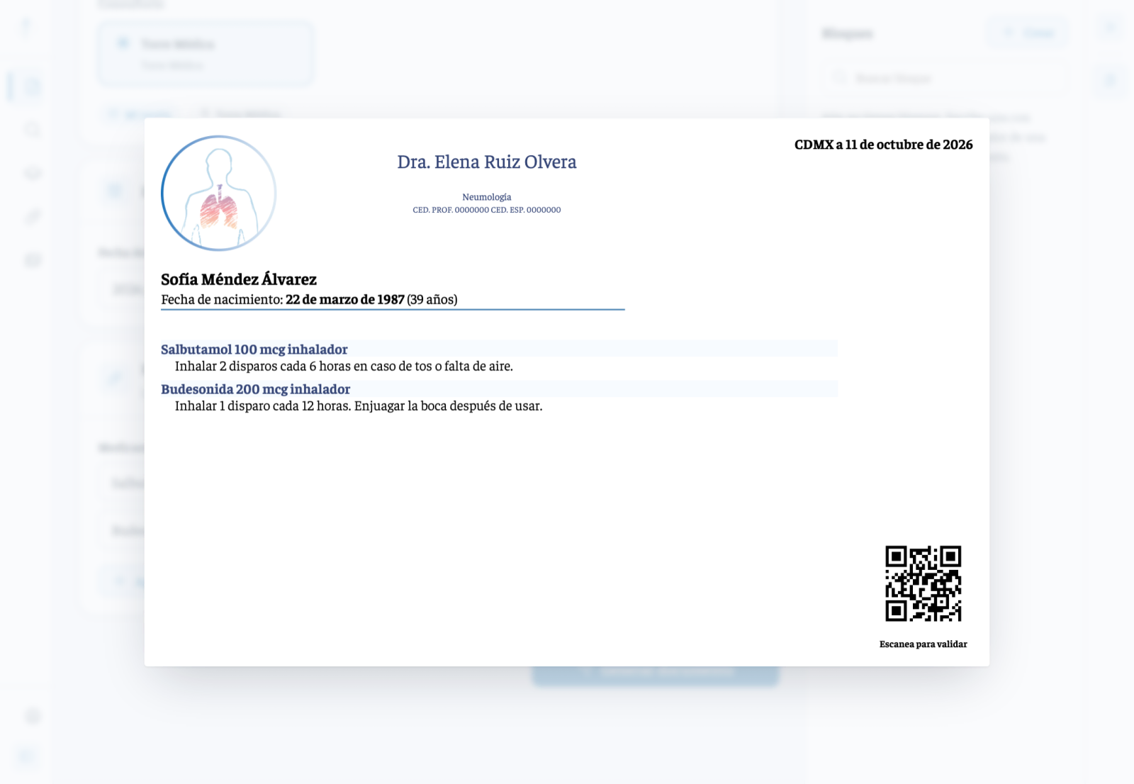 Receta de la Dra. Elena Ruiz Olvera hecha con su propia plantilla en Nagamed: su logo arriba a la izquierda, sus datos al lado, dos medicamentos y el código QR.